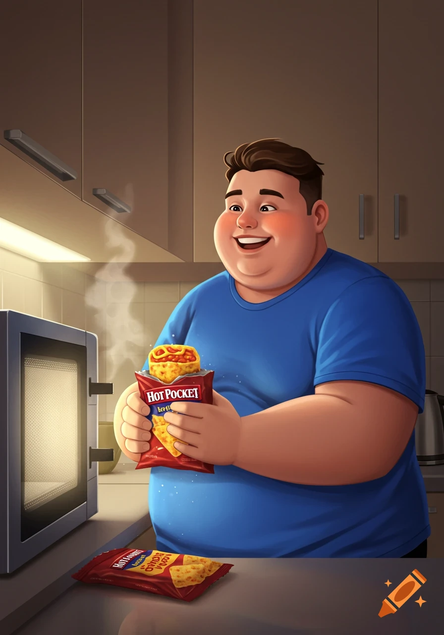 Happy overweight man in a blue t-shirt holding a Hot Pocket next to a steaming microwave in a kitchen, cartoon style.