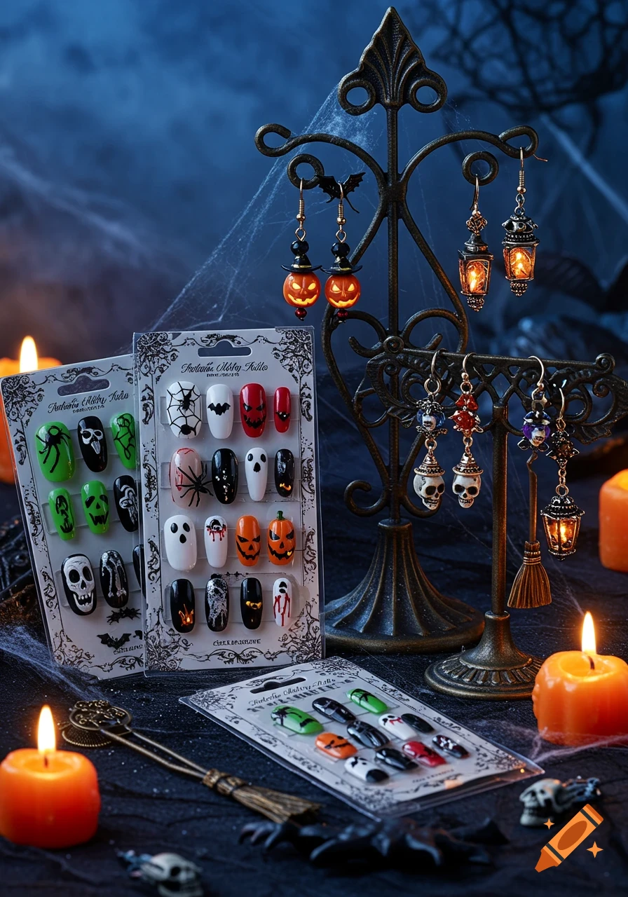 Halloween-themed press-on nail sets and dangling earrings with pumpkins, skulls, and lanterns displayed with lit candles and cobwebs.