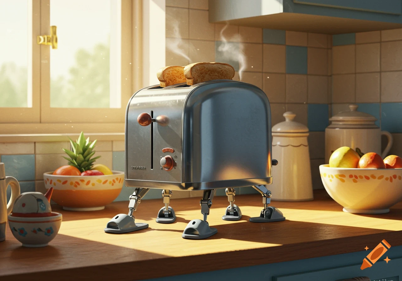 A photorealistic image of a chrome toaster with mechanical legs standing on a sunlit kitchen counter, making toast.
