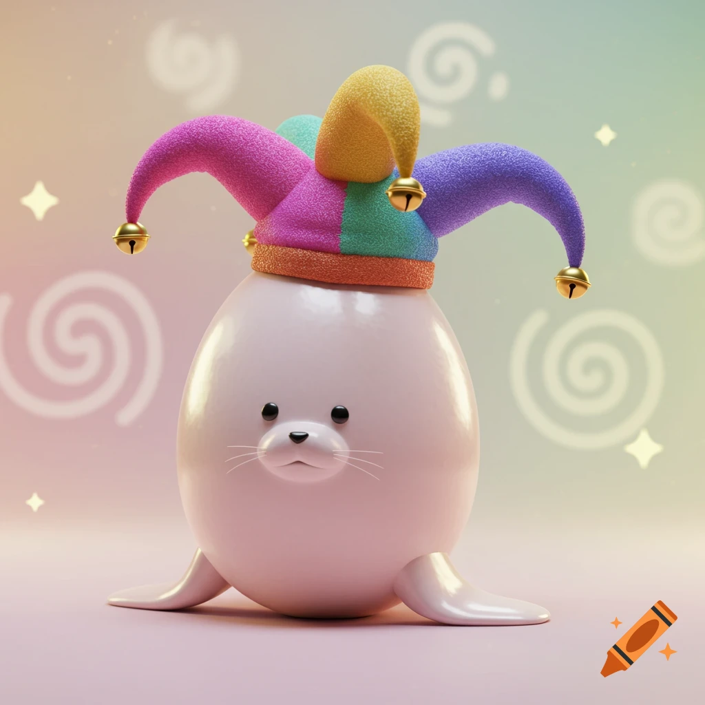 A cute, light pink, egg-shaped seal wearing a colorful jester hat with bells, in a stylized 3D render.