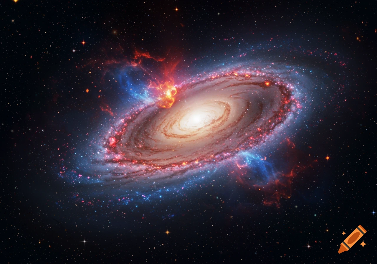 A vibrant spiral galaxy with a bright core and colorful red and blue nebulae, set against a dark, star-filled expanse of space.