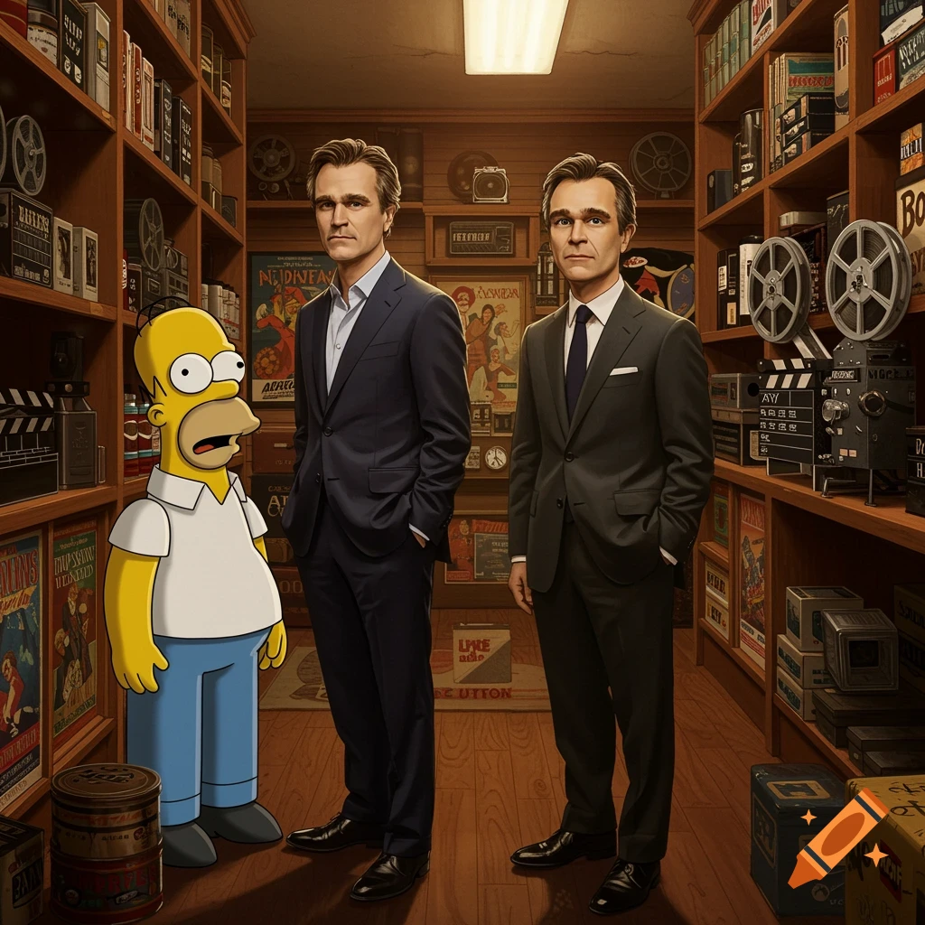 Two men in suits stand with Homer Simpson in a vintage shop filled with film reels and movie posters.