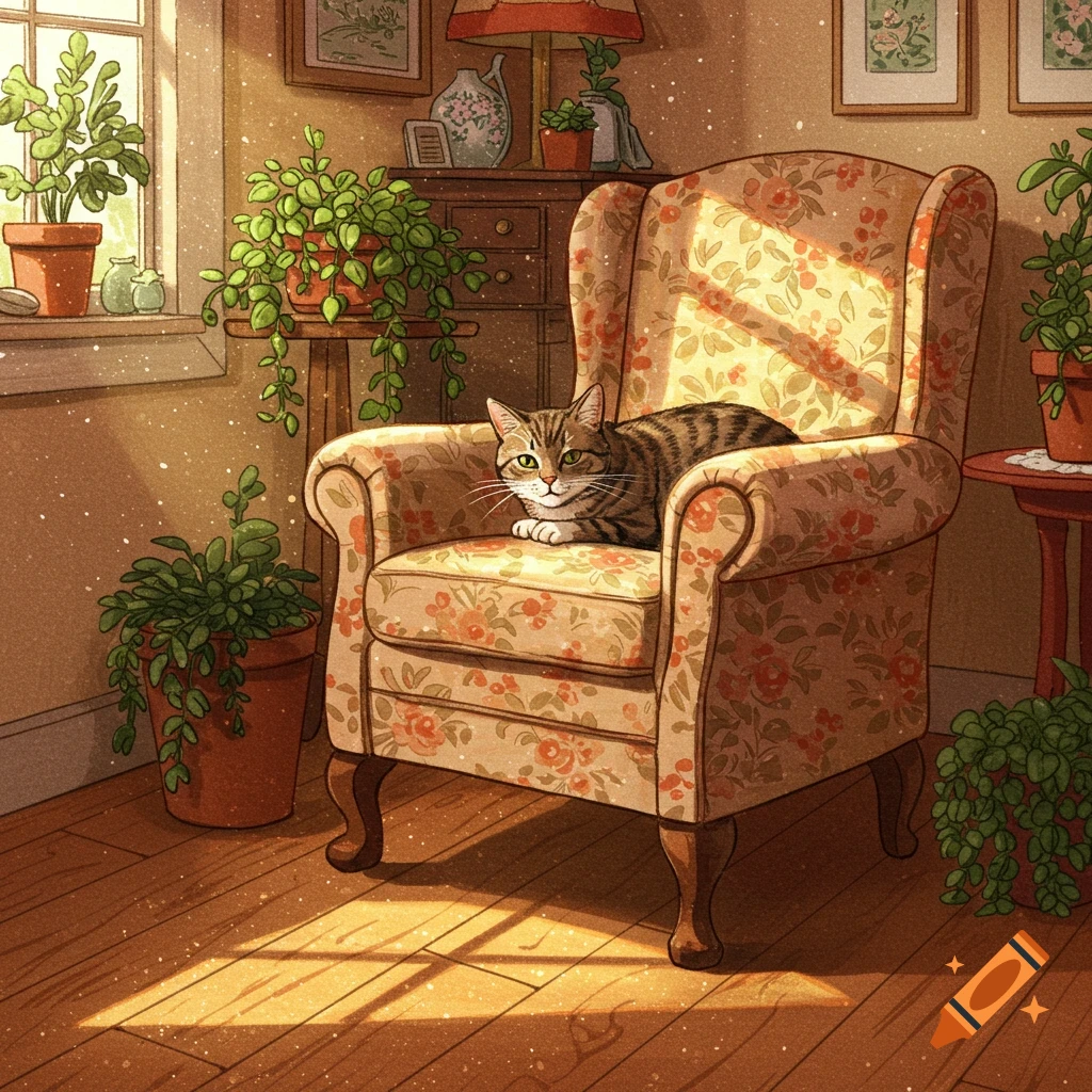 An illustrated tabby cat relaxes in a floral armchair bathed in sunlight in a cozy room filled with houseplants.