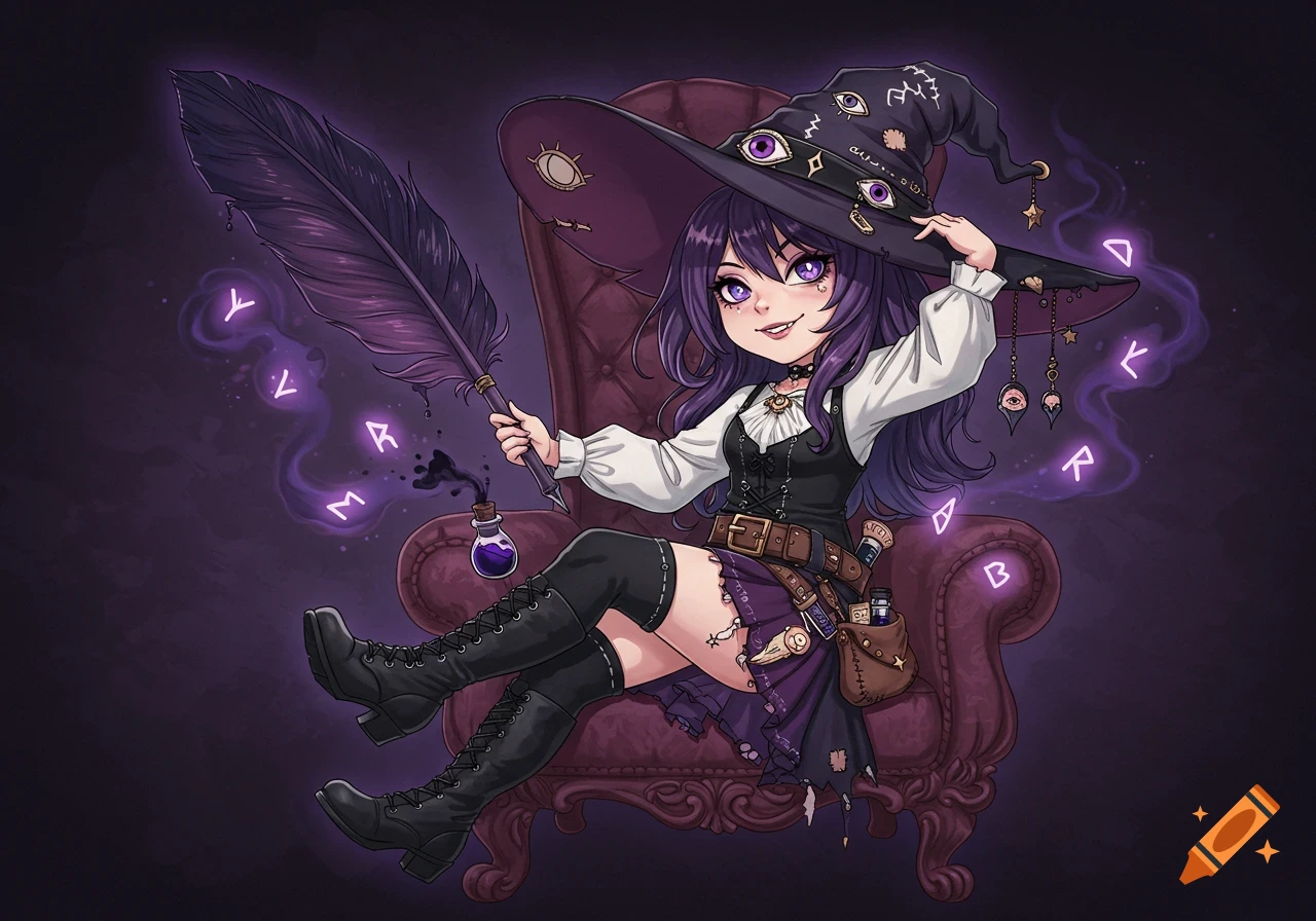 An anime-style witch with purple hair and a wide hat adorned with eyes, sitting on a throne, holding a giant quill that produces glowing runes.