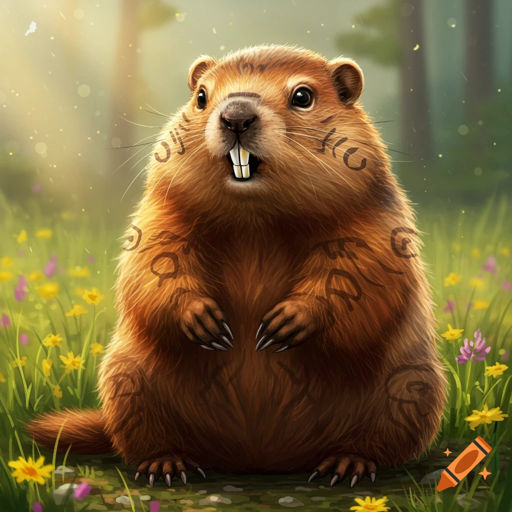 A cute groundhog with tribal tattoos and shiny front teeth sits in a field of wildflowers, rendered in a digital art style.