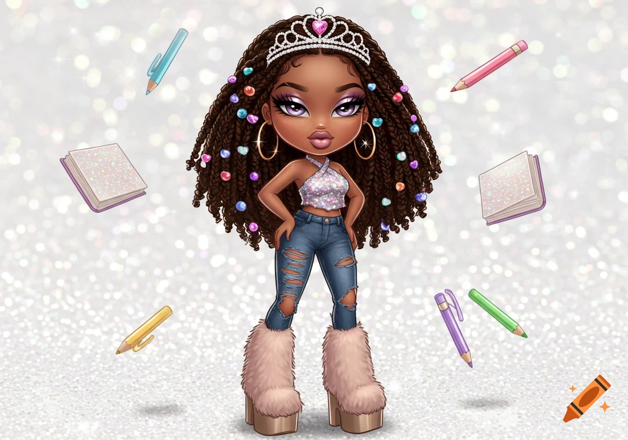 Bratz-style chibi girl with braids and tiara, wearing glittery top, ripped jeans, and furry boots, surrounded by floating books and pencils.