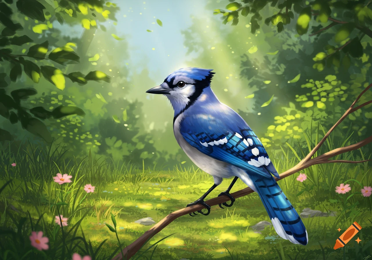 A vibrant blue jay perches on a branch in a sunlit forest clearing with green foliage and pink flowers, in an illustration style.