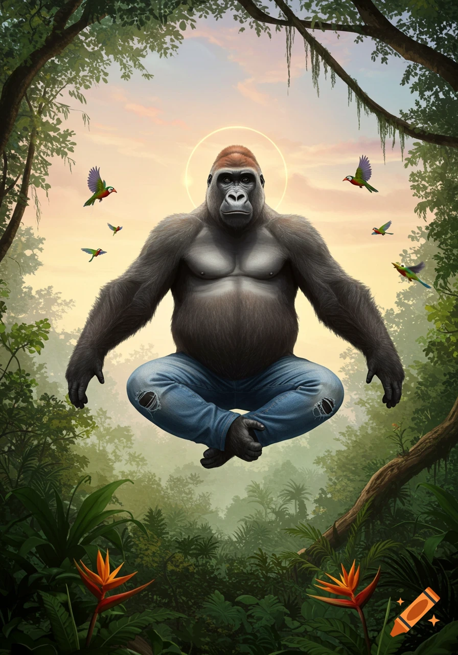 A majestic gorilla floats in a meditative pose, wearing ripped jeans and surrounded by colorful birds in a lush jungle, with a subtle halo around its head.