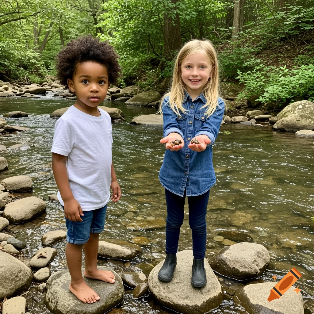 Two children, a boy and a girl, stand on rocks in a shallow creek in a lush forest. The girl holds small rocks in her hands and smiles.