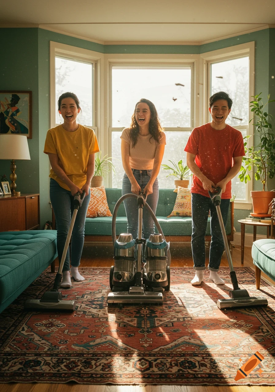 Three smiling people vacuum a patterned rug in a bright, sunlit living room with teal furniture.