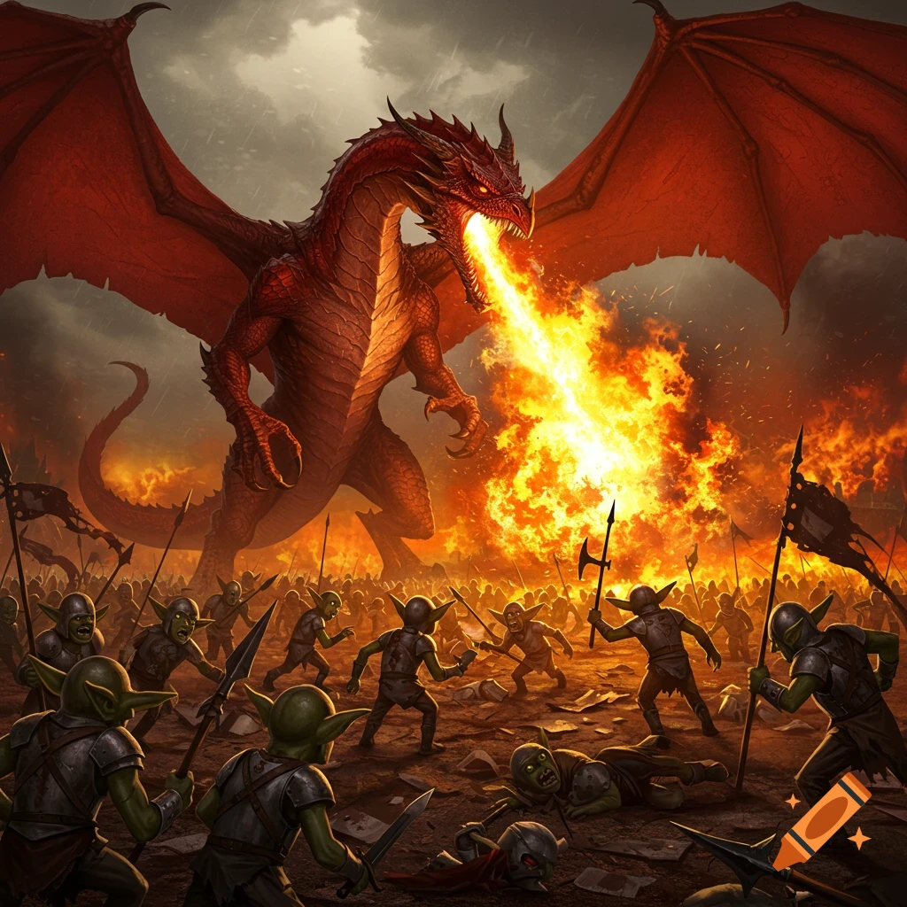 A massive red dragon breathes a torrent of fire across a chaotic battlefield filled with green goblins in an epic fantasy illustration.