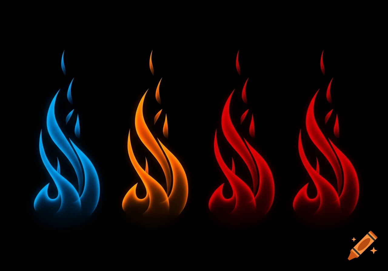 Four stylized vector art flames in blue, orange, red, and dark red, on a black background.