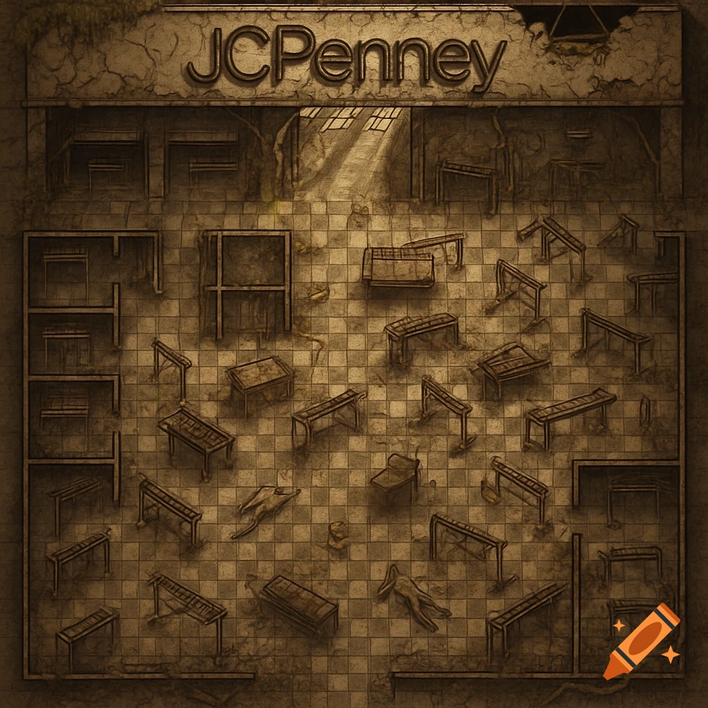 A gridded, top-down dungeon map of a post-apocalyptic JCPenney store interior, with ruined shelves and debris in sepia tones.