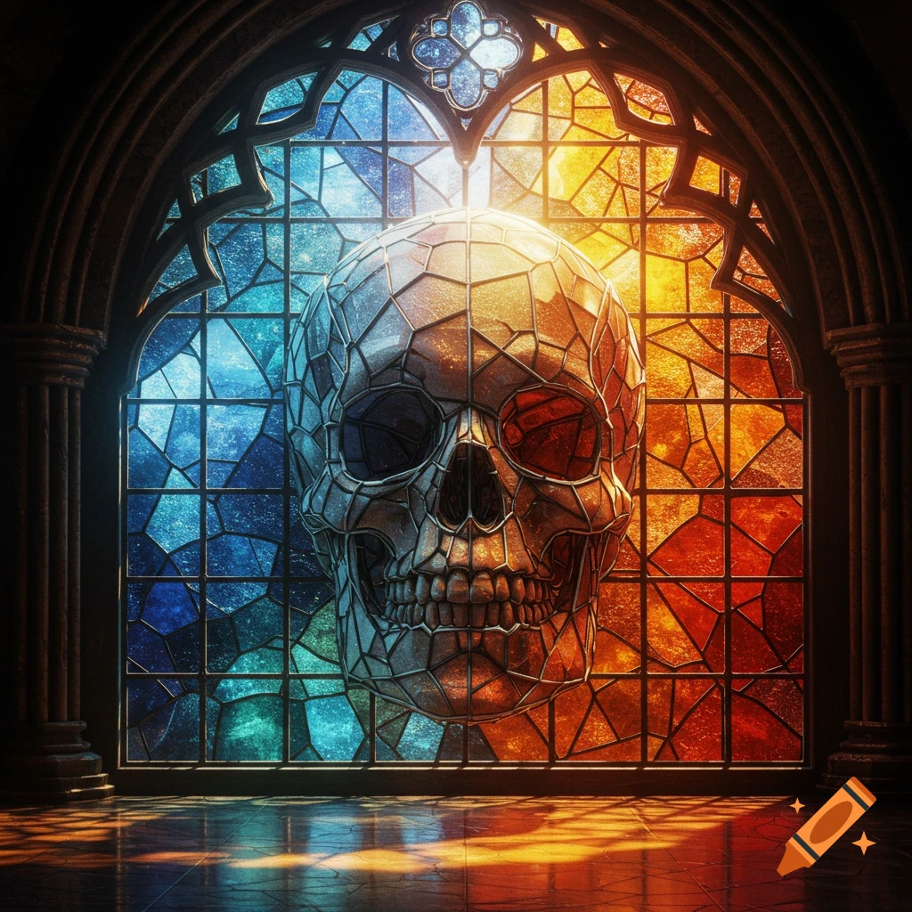 A stylized stained glass skull centered in a gothic arched window, with blue and orange glass panels.