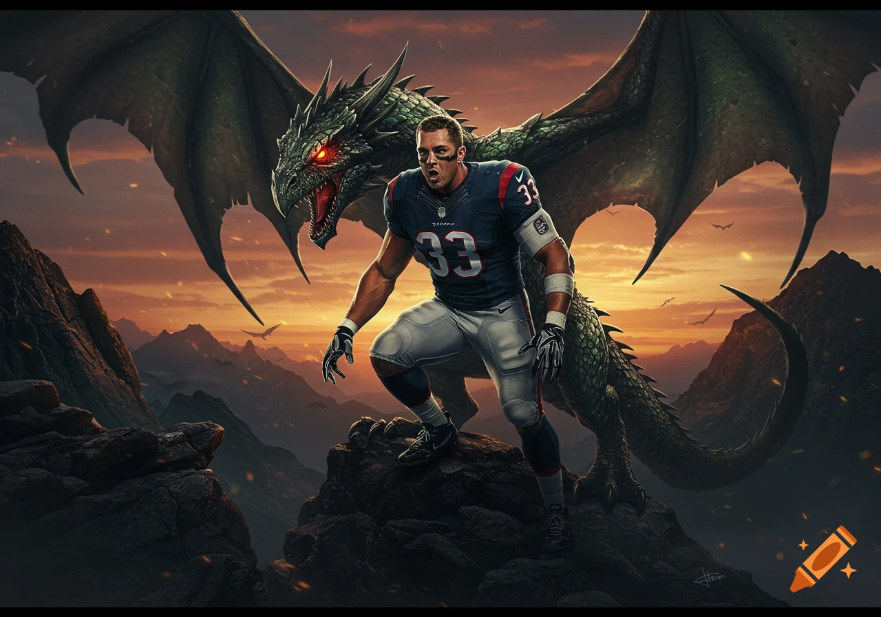 A muscular football player in a navy blue jersey with number 33 and white pants crouches on a rocky mountain peak next to a large green dragon with glowing red eyes. The background shows a sunset over a mountainous landscape with birds flying.