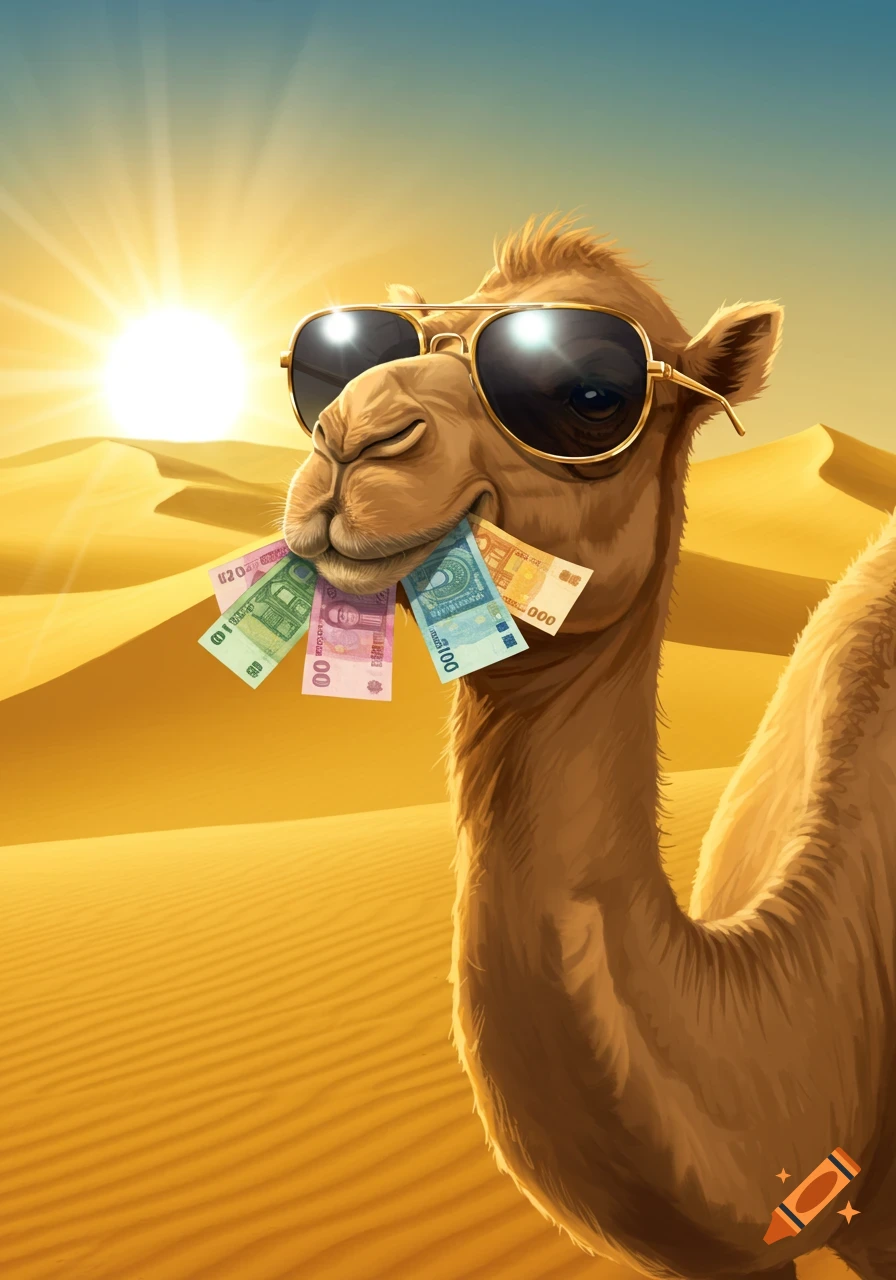 A cartoon camel wearing sunglasses smiles while holding colorful banknotes in its mouth, set against a sunny desert backdrop.