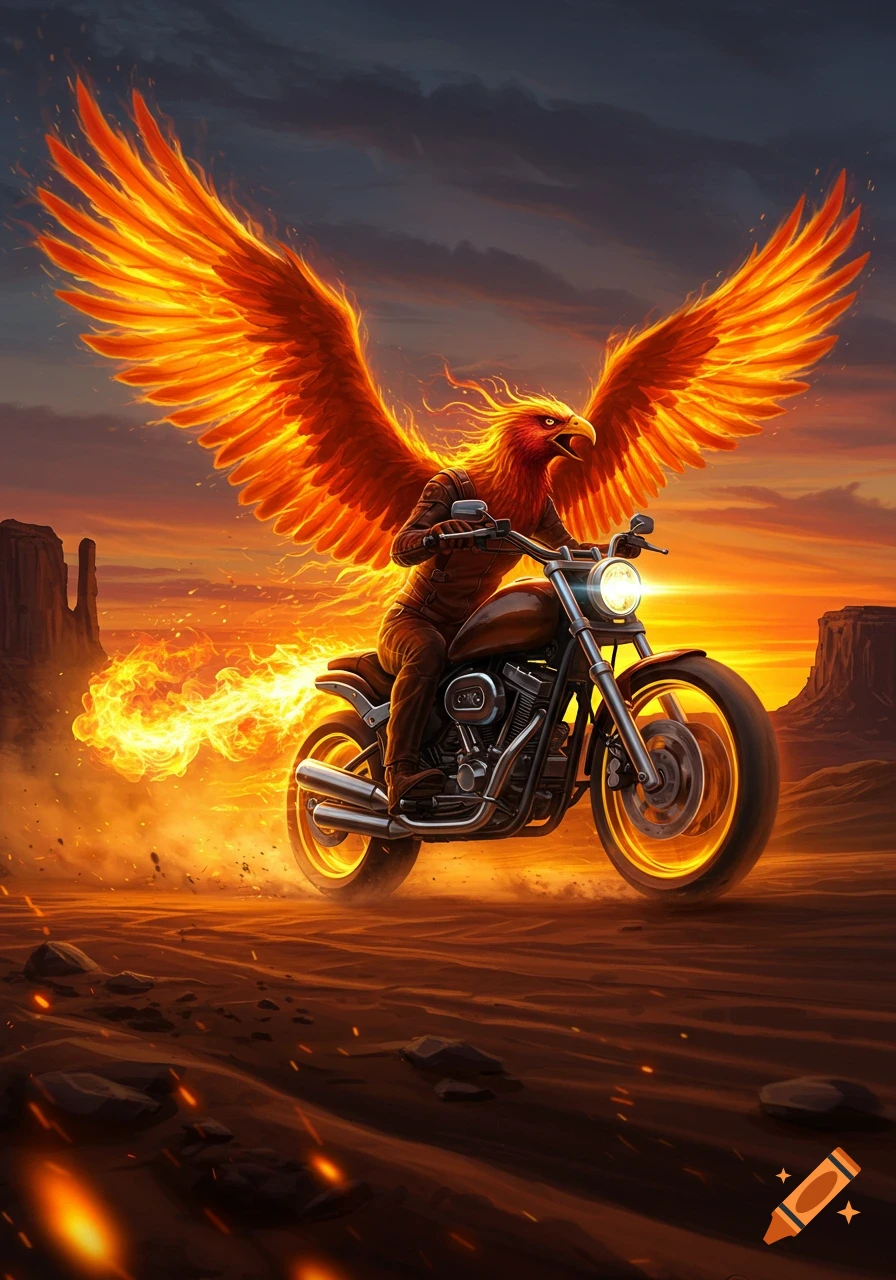 A dynamic illustration of a flaming phoenix riding a motorcycle through a desert at sunset.