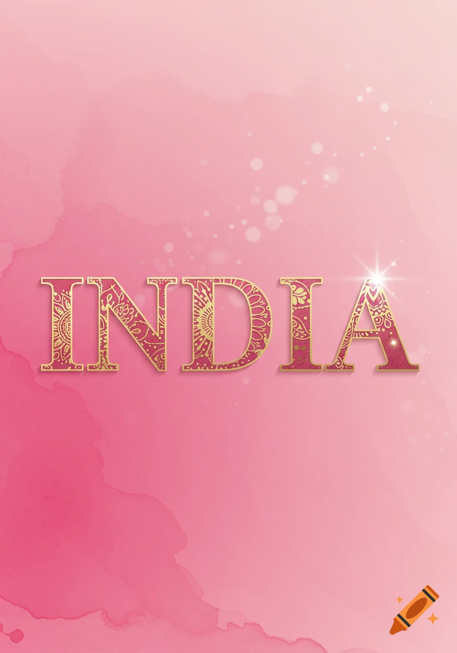 The word INDIA in ornate gold and pink letters with a mandala pattern on a pink watercolor background.