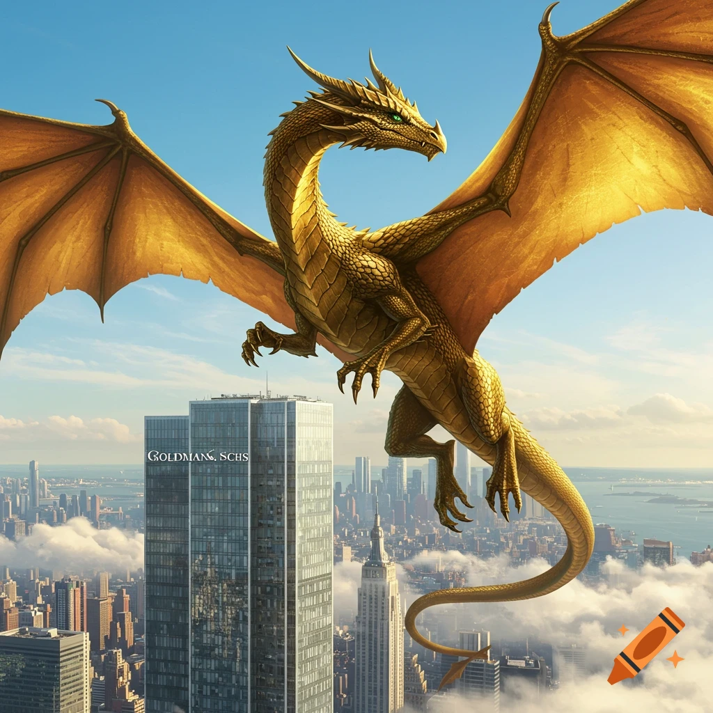 A large, majestic golden dragon with outstretched wings soars above a modern cityscape with skyscrapers, under a blue sky.
