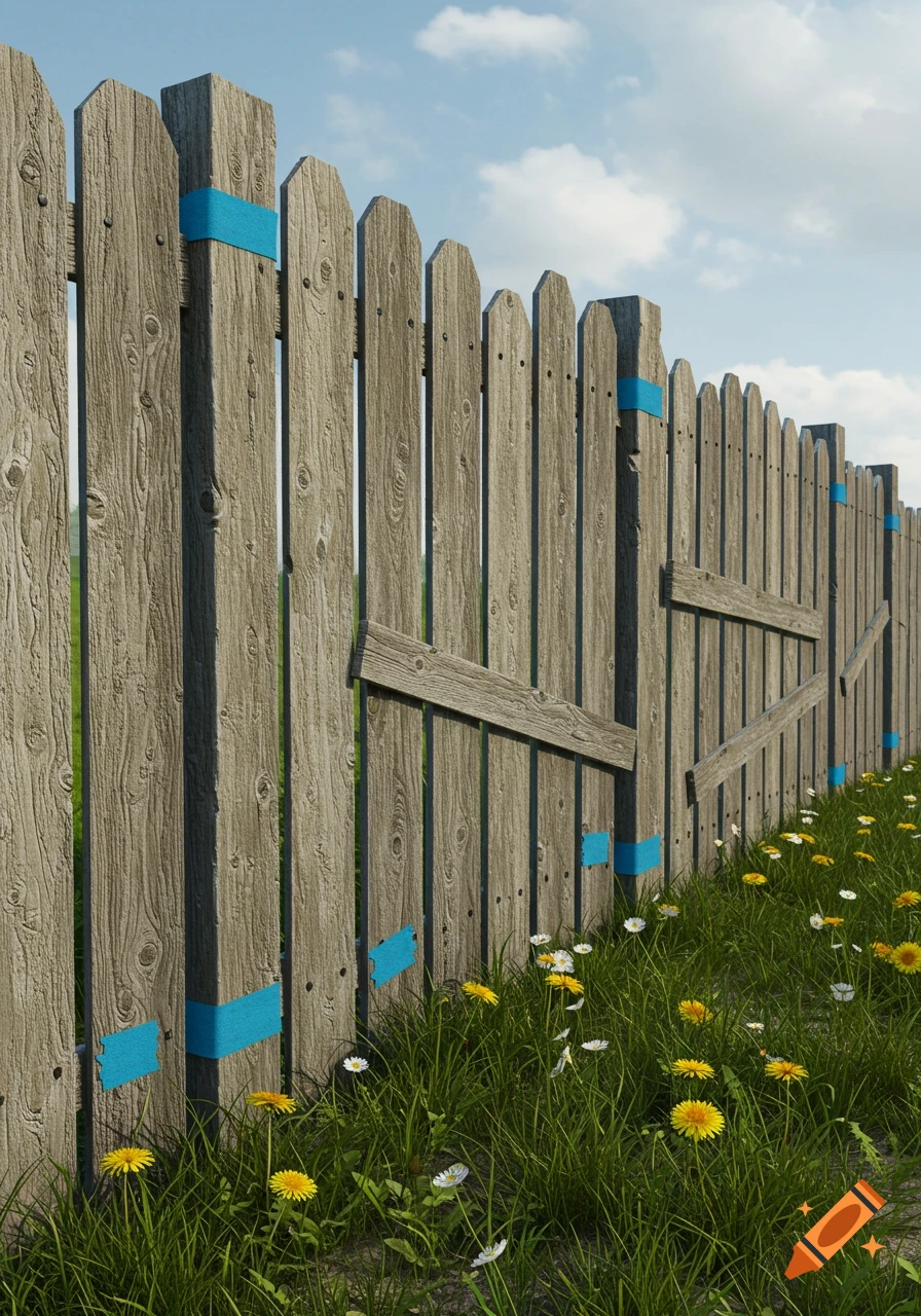 A tall wooden picket fence with blue tape, surrounded by green grass and wildflowers under a blue sky.