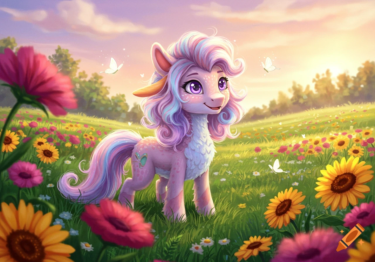 A whimsical pink pony with purple and blue mane stands in a vibrant field of sunflowers and red flowers under a sunset sky, with butterflies.