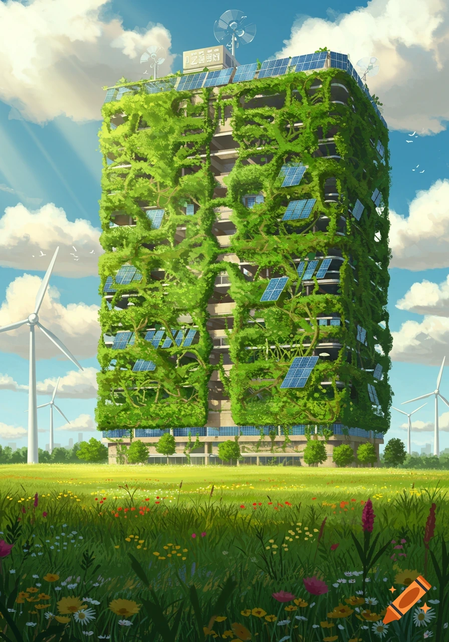 A lush green solarpunk building with solar panels and wind turbines in a wildflower field under a blue sky, in an illustrated style.