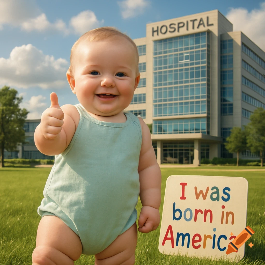 A smiling baby giving a thumbs up stands in front of a hospital with a sign saying "I was born in America".