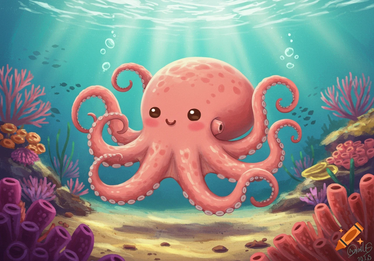 A cute pink cartoon octopus with a happy face smiles underwater amidst colorful coral and sun rays.