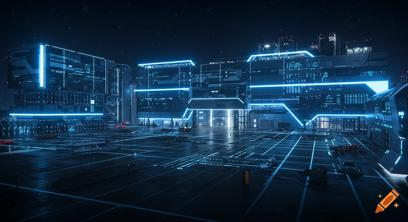 Wide shot of a massive, dark futuristic lithium battery factory with glowing blue neon lights and sleek architecture at night.