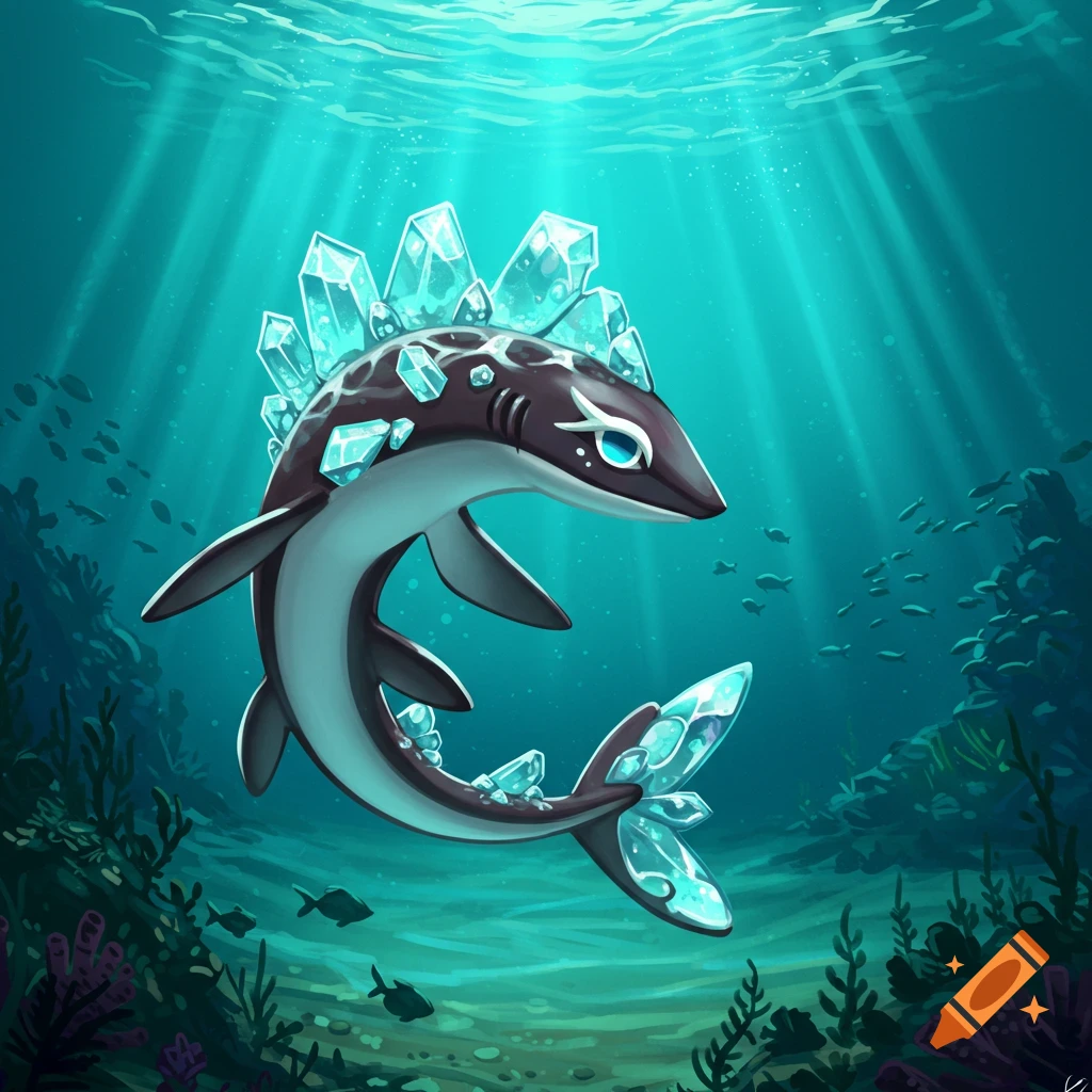 A stylized dark gray shark creature with glowing blue crystals on its back and tail, swimming in a vibrant underwater scene.