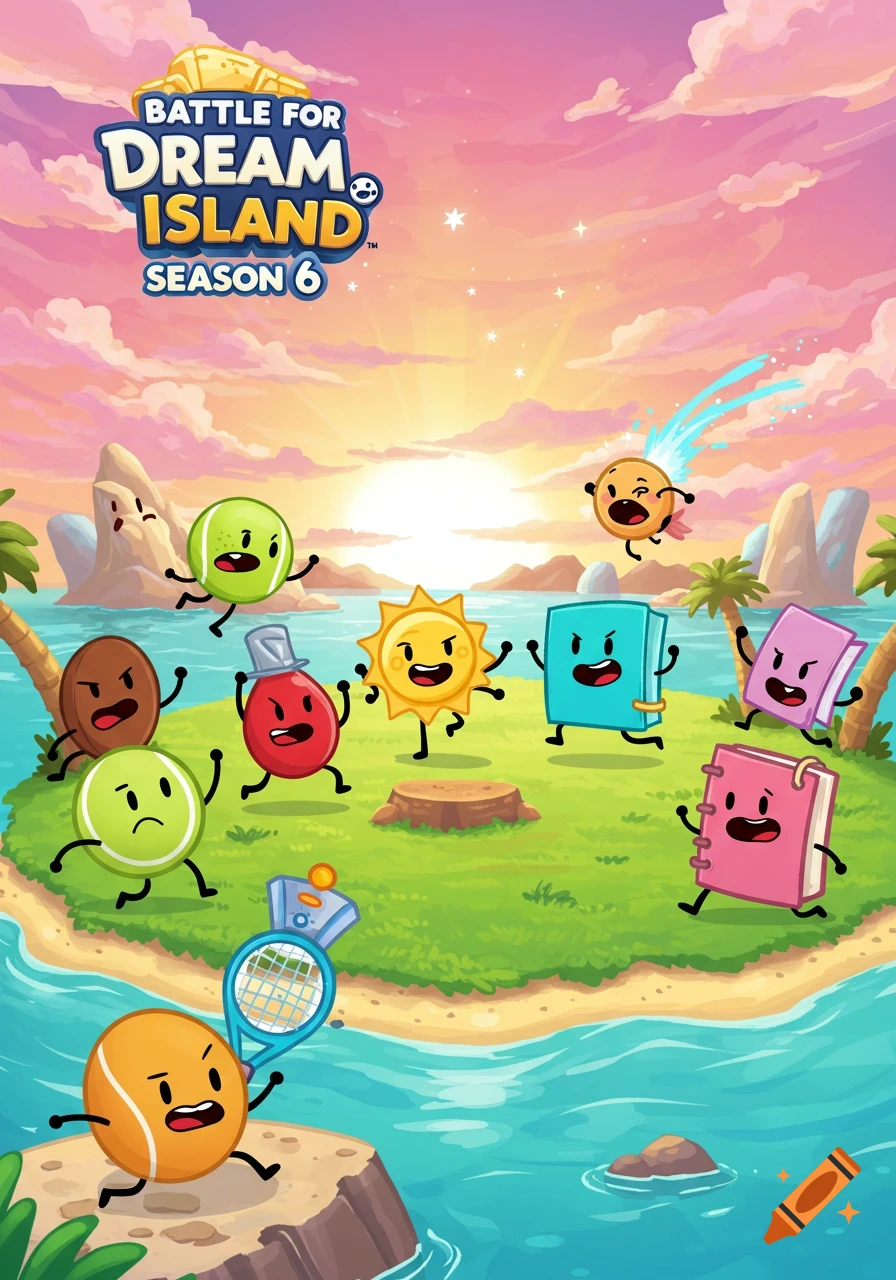 Colorful cartoon objects with faces and limbs run on an island under a pink sunset sky, with the title 'Battle for Dream Island Season 6'.