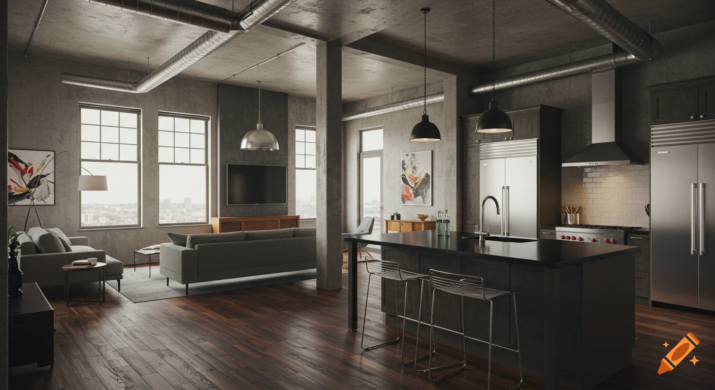 Photorealistic industrial-style open-plan kitchen and living room with dark hardwood floors, concrete walls, and stainless steel appliances.