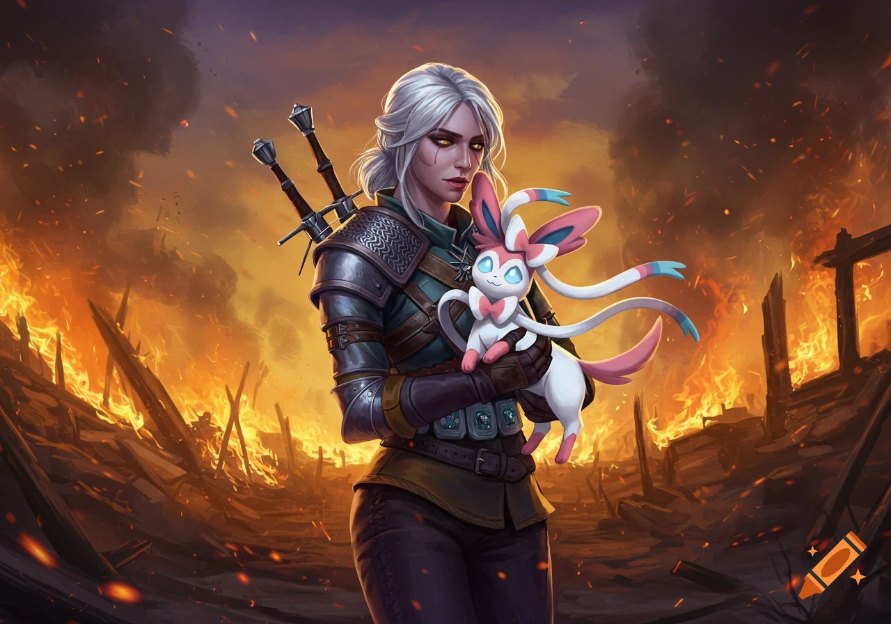 Ciri from The Witcher holds a Sylveon in a burning, ruined town, digital painting.