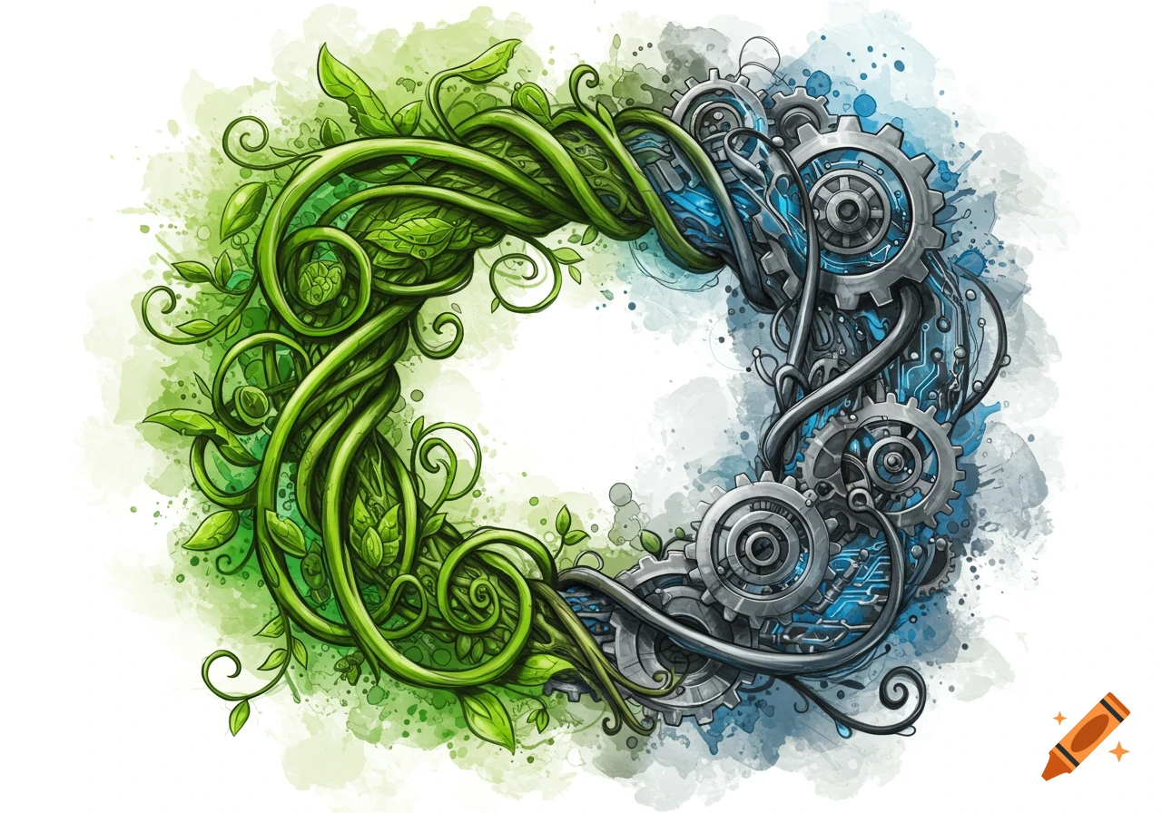 Stylized illustration of a circular design, half green nature vines and half grey mechanical gears and circuits, with watercolor splashes.