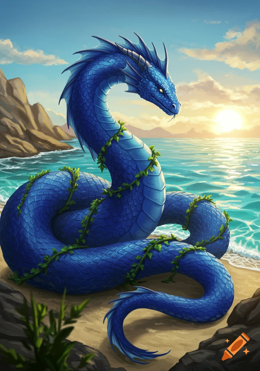 A vibrant blue sea serpent with green ivy coiled on a sandy beach at sunset, with rocky cliffs and ocean waves.