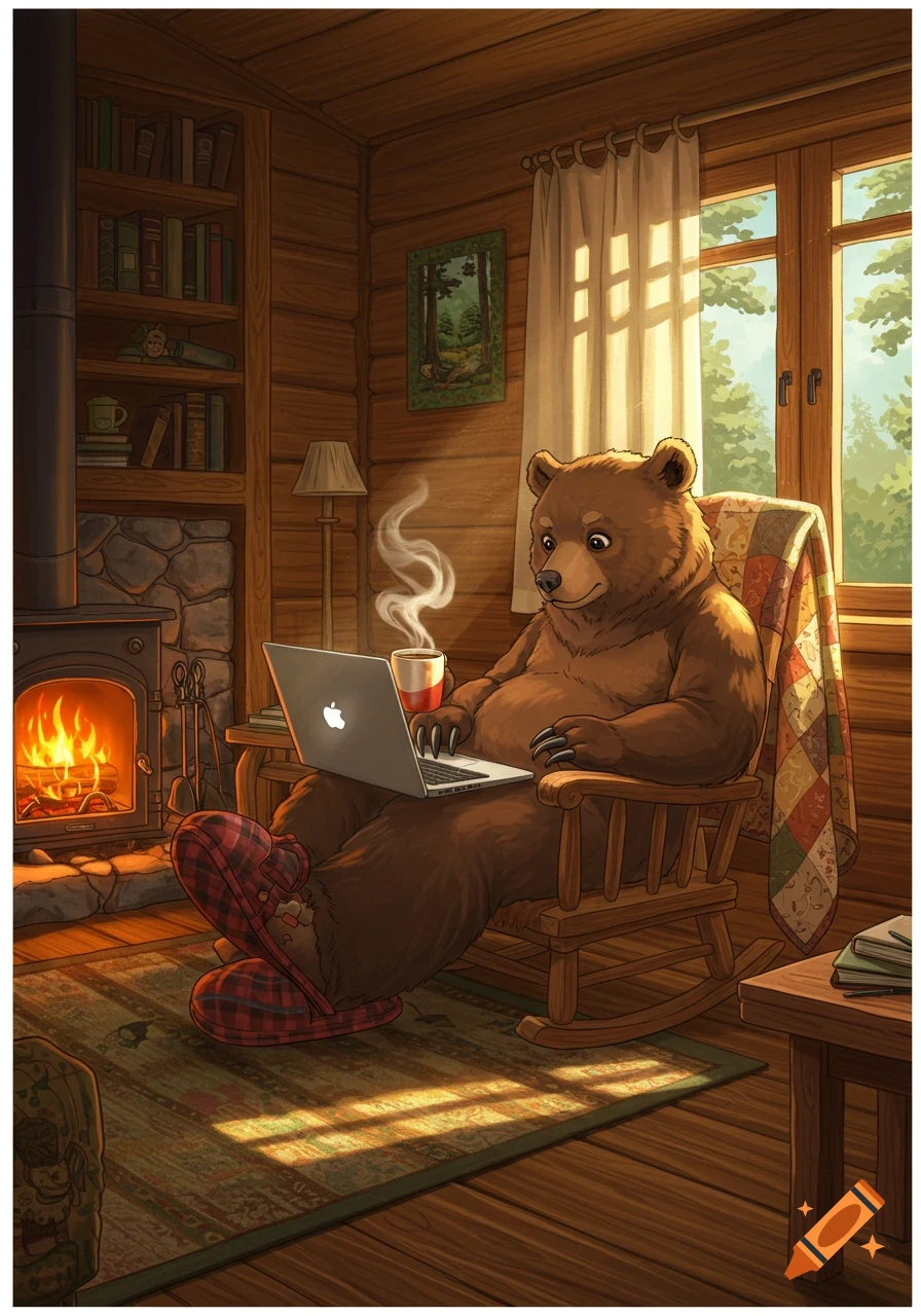 A cartoon bear in plaid slippers sits in a rocking chair by a warm fireplace in a cozy wooden cabin, using a laptop and drinking coffee.