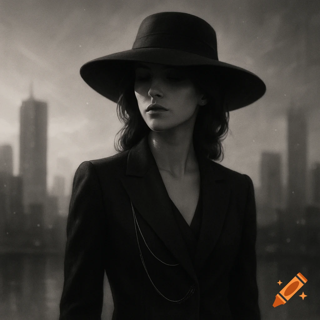 Black and white portrait of a pensive woman in a wide-brimmed hat and suit against a blurred city skyline, in a noir style.