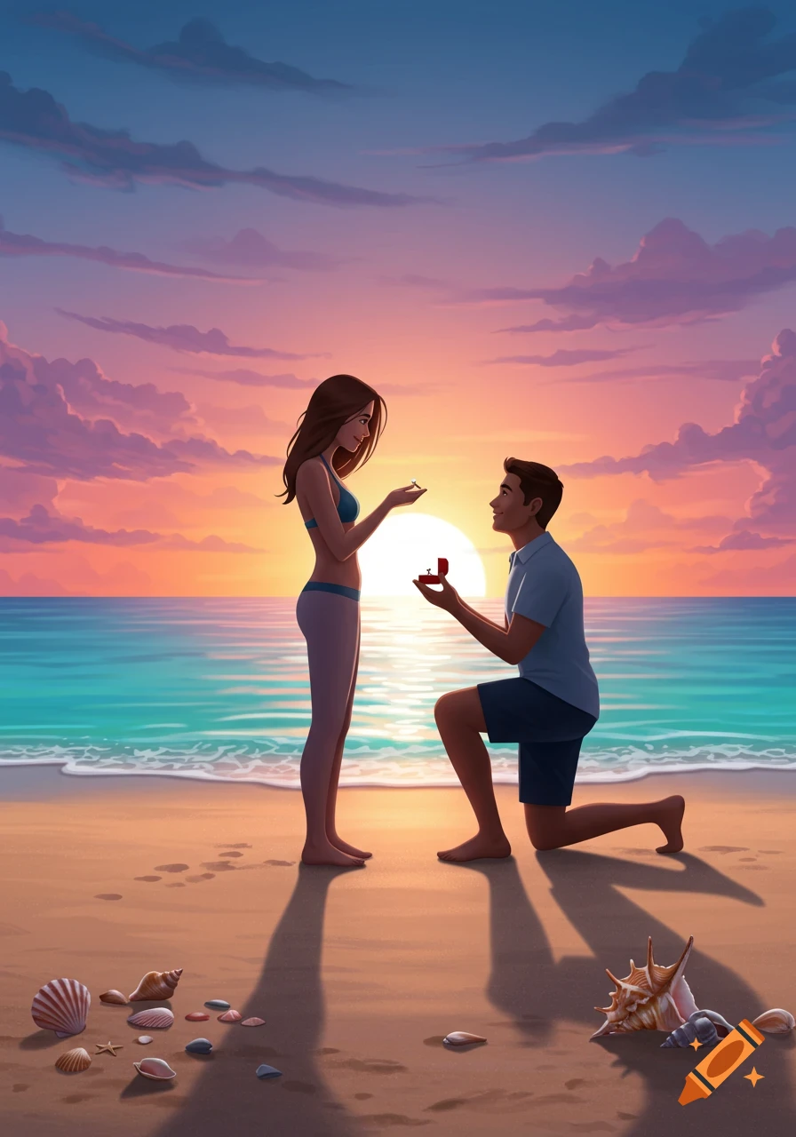 Illustrated scene of a man proposing to a woman on a beach at sunset.