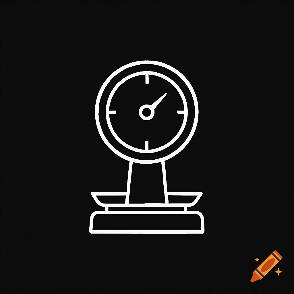 A minimalist white outline icon of a merchant scale with a dial and pointer on a black background.