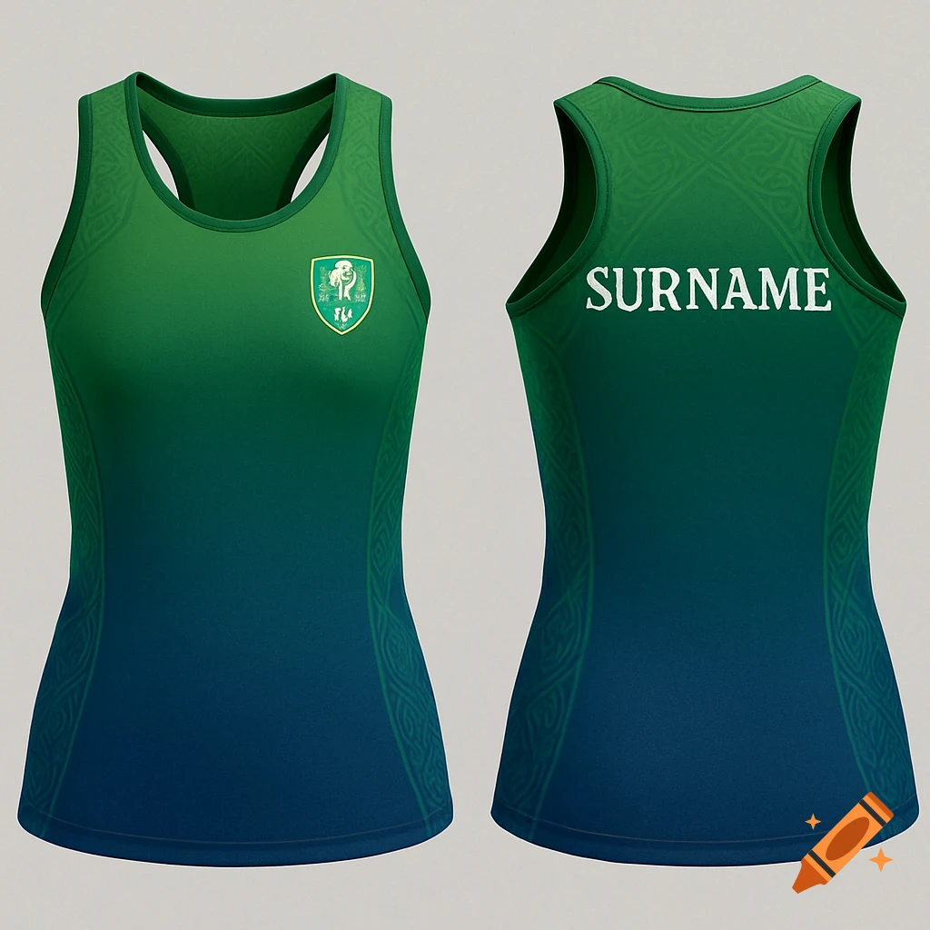 Front and back view of a green and blue gradient women's rugby singlet with Celtic patterns. The back features the word "SURNAME" in white, and the front has a small crest.