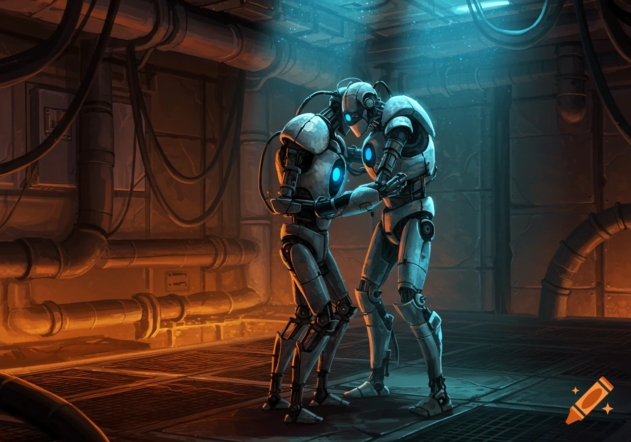 Two stylized robots, resembling Atlas and P-Body, hug in a futuristic industrial room with orange and blue lighting. Digital art.