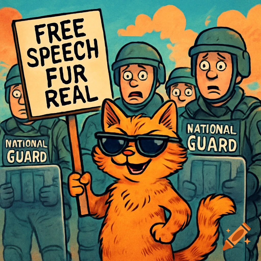 A smug cartoon cat in sunglasses holds a "Free Speech Fur Real" sign in front of confused National Guard soldiers.