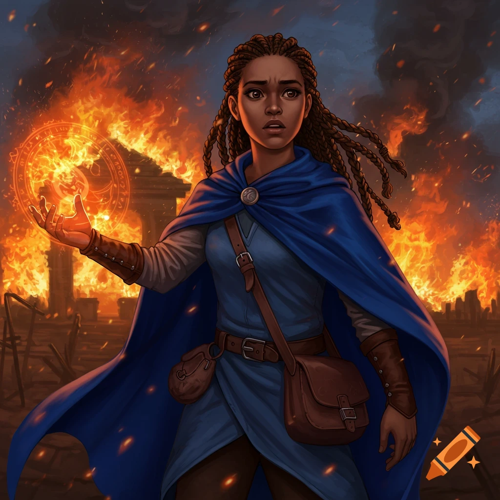 A scared young woman with braids in a blue cloak conjures a magic shield in front of burning buildings in a digital painting.