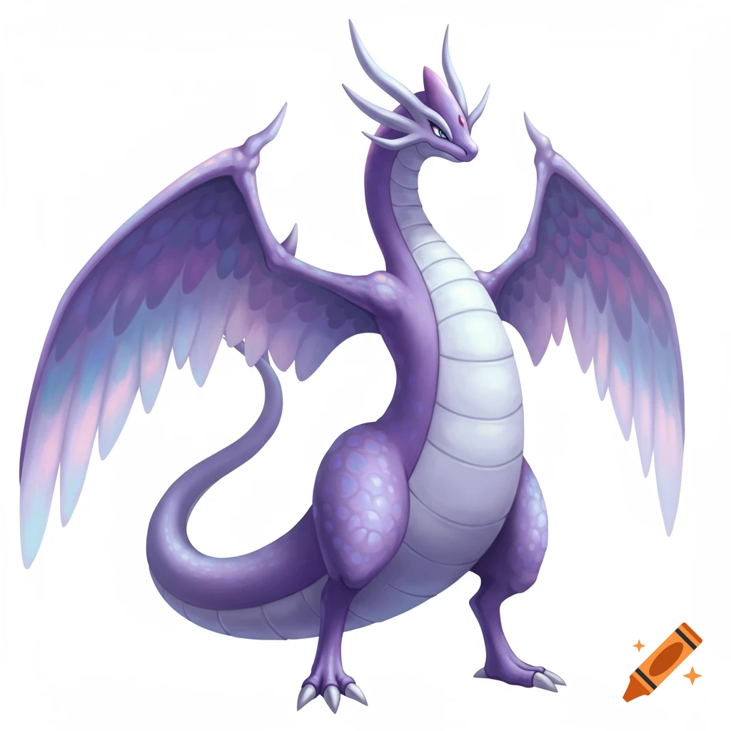 A stylized purple and white dragon with large wings stands on a plain white background.