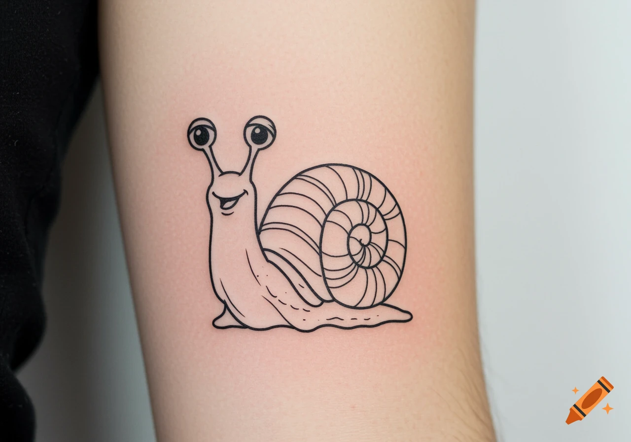 A simple black line work tattoo of a smiling cartoon snail with large eyes, on a person's arm.