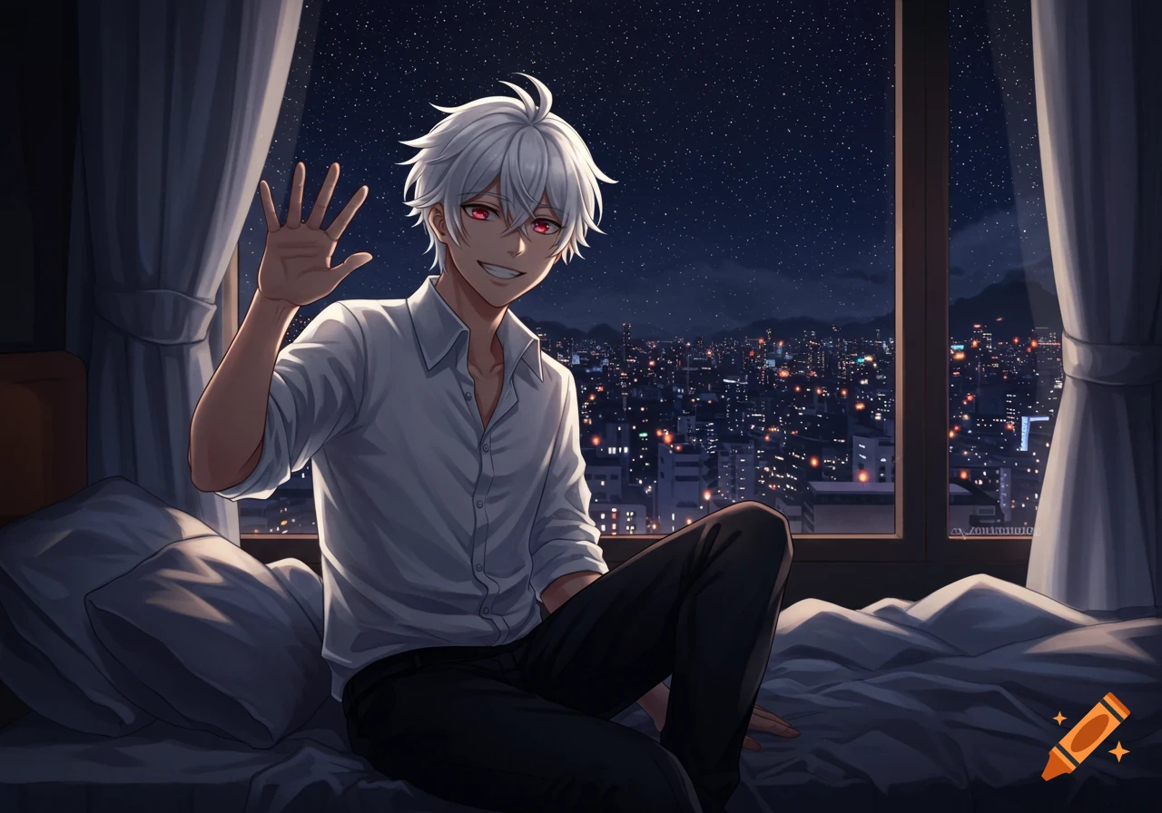 White-haired, red-eyed anime boy smiling and waving while sitting on a bed, looking out a window at a starry night sky above a lit city.