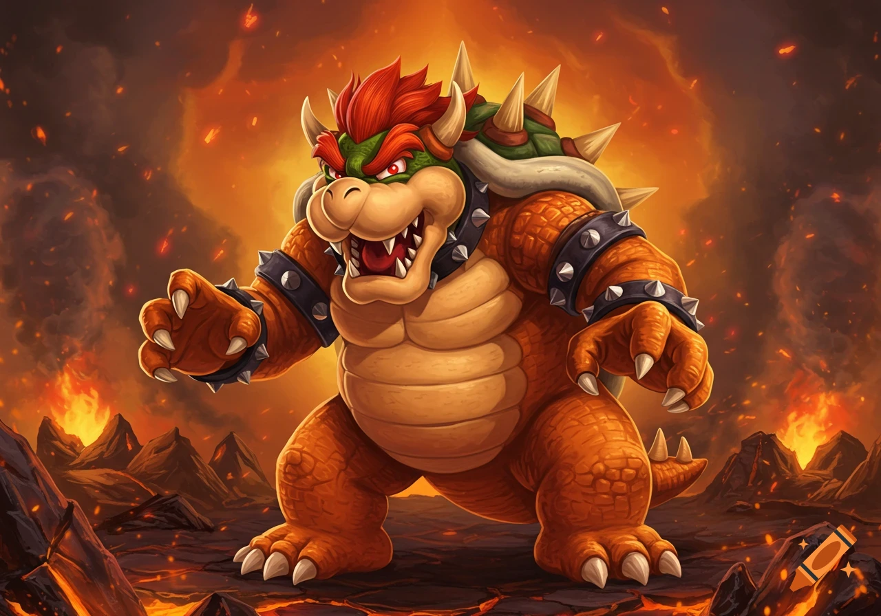 A detailed illustration of Bowser, the turtle-like villain from Super Mario, roaring aggressively in a fiery volcanic landscape.