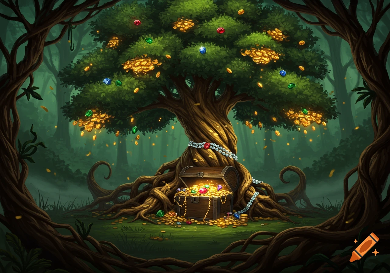 A magical tree laden with gold coins and sparkling gems, an open treasure chest overflowing at its roots in a mystical forest.