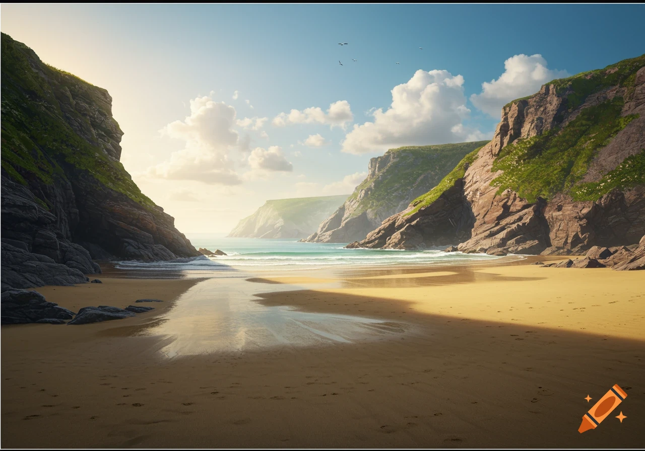 Photorealistic image of a scenic sandy beach nestled between tall, rocky cliffs, with a calm sea and bright, cloudy sky.