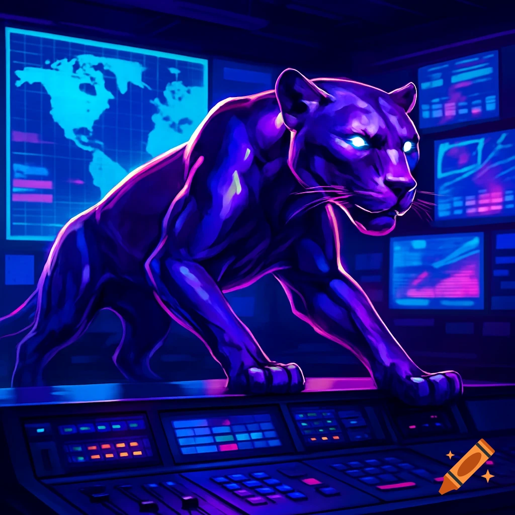 A neon purple jaguar with glowing eyes stands on a futuristic control panel in a dark room with blue and pink screens.